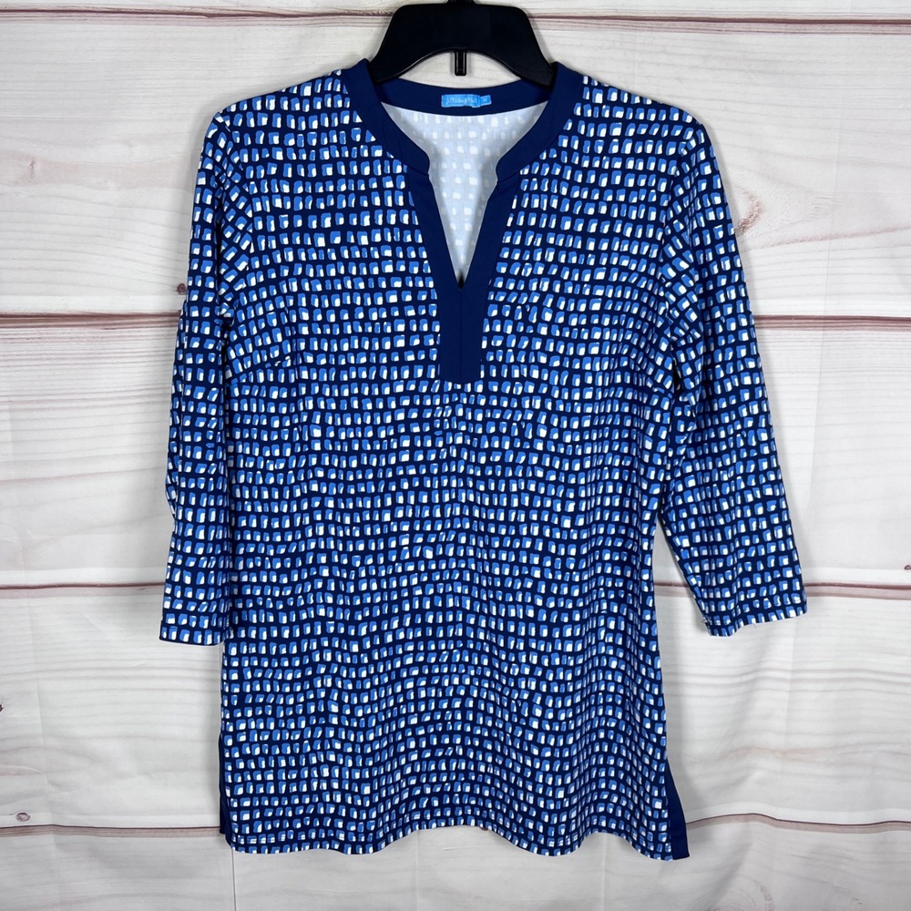 J.McLaughlin Tunic Top Womens Medium Blue Geometric Catalina Cloth 3/4 Sleeve